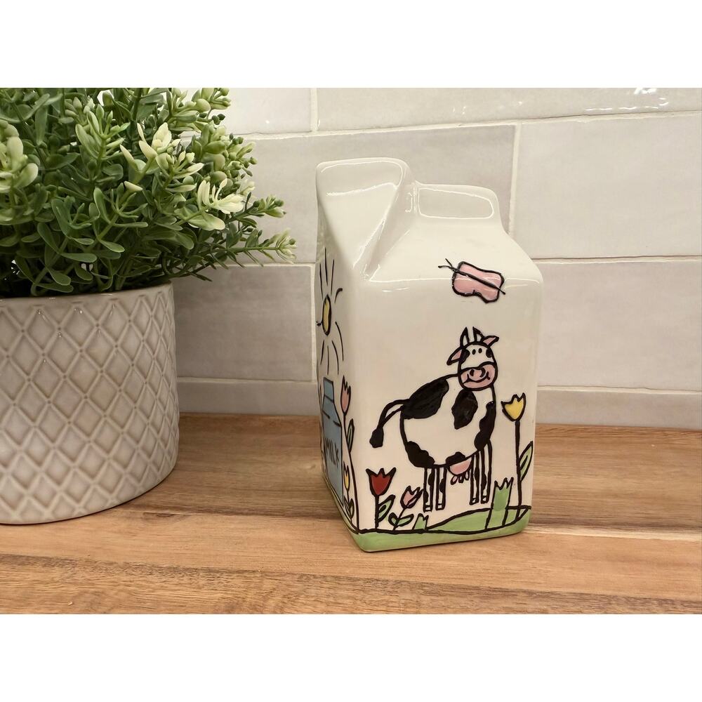 VTG Ganz Ceramic Milk‎ Creamer Carton with Spout Drawn Cows and Flowers